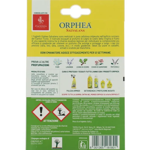 ORPHEA SALVALANA ANTI TARME FOGLIETTI EMANATORI LEGNO DI CEDRO 12 PZ