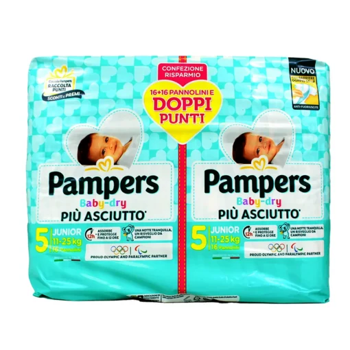 PAMPERS BABY DRY 5 JUNIOR 11-25 KG 16+16 PEZZI PACCO DOPPIO