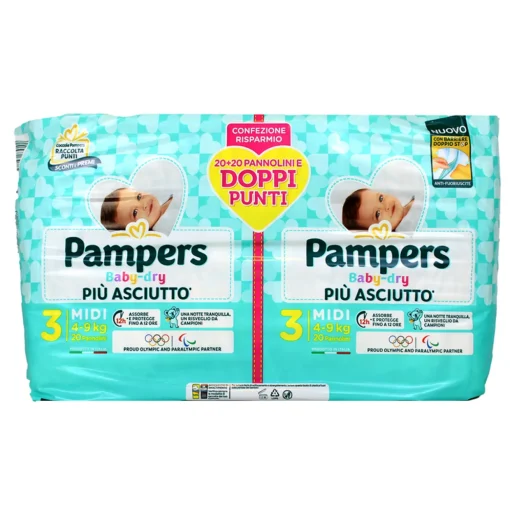 PAMPERS BABY DRY 3 MIDI 4-9 KG 20+20 PEZZI PACCO DOPPIO