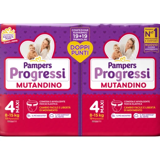 PAMPERS PROGRESSI MUTANDINO 4 MAXI 8-15 KG 19+19 PEZZI PACCO DOPPIO+BUONO SCONTO 2,5 EURO