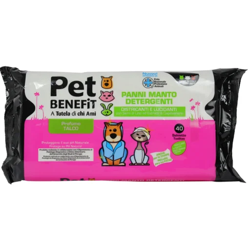 PET BENEFIT 40 PANNI DETERGENTI DISTRICANTI E LUCIDANTI PER MANTO DEI CANI e GATTI