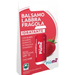 PIUME BALSAMO LABBRA FRAGOLA DRATANTE CON BURRO DI KARITE, ESTRATTO DI FRAGOLA E VITAMINA E