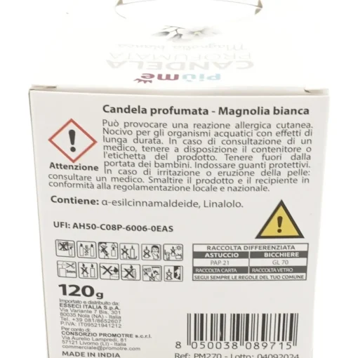 PIUME CANDELA PROFUMATA PROFUMAZIONE AMBIENTE MAGNOLIA BIANCA 120 GRAMMI