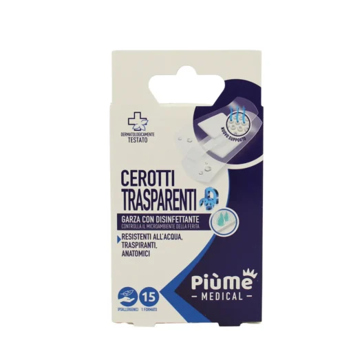 PIUME CEROTTI TRASPARENTI GARZA DISINFETTANTE 15 PEZZI FORMATO MEDIO