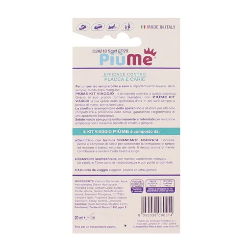 PIUME KIT VIAGGIO SPAZZOLINO + DENTIFRICIO 20 ML
