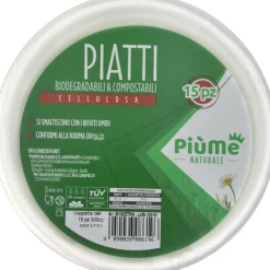 PIUME NATURALE PIATTO COPPETTA 15 PZ 300 CC BIODEGRADABILE & COMPOSTABILE CELLULOSA
