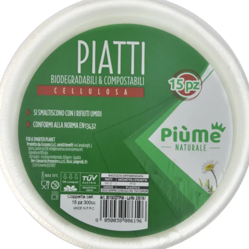 PIUME NATURALE PIATTO COPPETTA 15 PZ 300 CC BIODEGRADABILE & COMPOSTABILE CELLULOSA