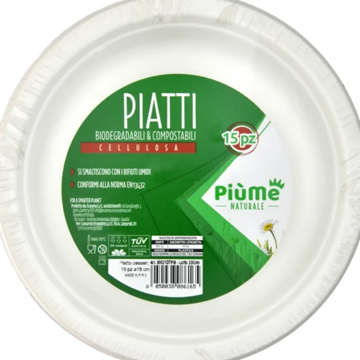 PIUME NATURALE PIATTO DESSERT 15 PEZZI 18 CM BIODEGRADABILI  & COMPOSTABILI CELLULOSA