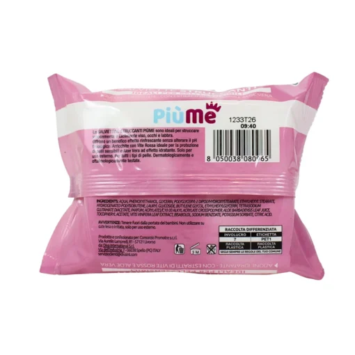 PIUME SALVIETTE STRUCCANTI TOP QUALITY PELLI SENSIBILI CON VITE ROSSA E ALOE VERA 20 PZ