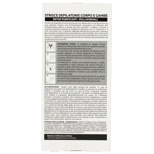 PIUME STRISCE DEPILATORIE CORPO E GAMBE DETOX CARBONE VEGETALE, ZENZERO BIO, CAMOMILLA BIO, OLIO DI JOJOBA BIO & VITAMINA E 8 PZ