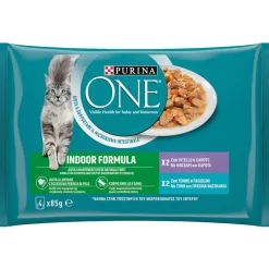 PURINA ONE CAT INDOOR FORMULA 4 BUSTE DA 85 GRAMMI ( 2 VITELLO E CAROTE - 2 TONNO E FAGIOLINI)