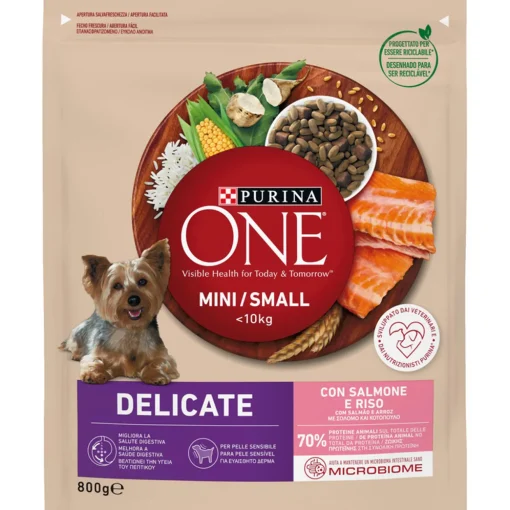 PURINA ONE DOG MINI SMOLL <10 LG DELICATE SALMONE CON RISO BUSTA 800 GRAMMI