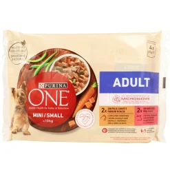 PURINA ONE DOG MINI<10 KG  ADULT 4 BUSTE DA 85 GRAMMI > 2 POLLO CAROTE e FAGIOLINI IN SALSA - 2 MANZO PAPATE e PISELLI IN SALSA