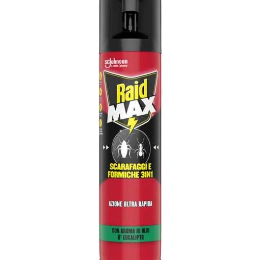 RAID MAX INSETTICIDA SPRAY SCARAFAGGI e FORMICHE 3in1 AZIONE ULTRA RAPIDA CON AROMA DI OLIO D'EUCALIPTO 400 ML