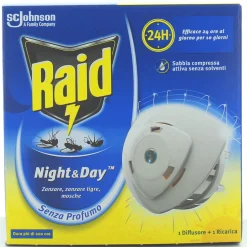 RAID NIGHT&DAY INSETTICIDA DIFFUSORE + RICARICA A SABBIA COMPRESSA DURATA 10 GIORNI