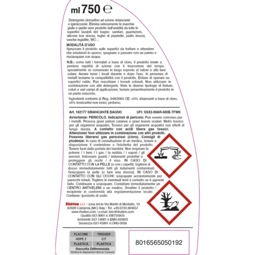 RHUTTEN PRO SBIANCANTE BAGNO IGIENIZZANTE TRIGGER 750 ML