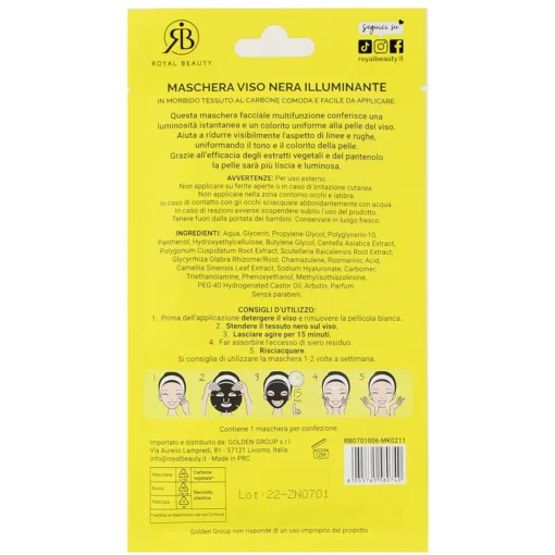 ROYAL BEAUTY MASCHERA VISO NERA PELLI SECCHE E NORMALI IN TESSUTO MONOUSO AL CARBONE