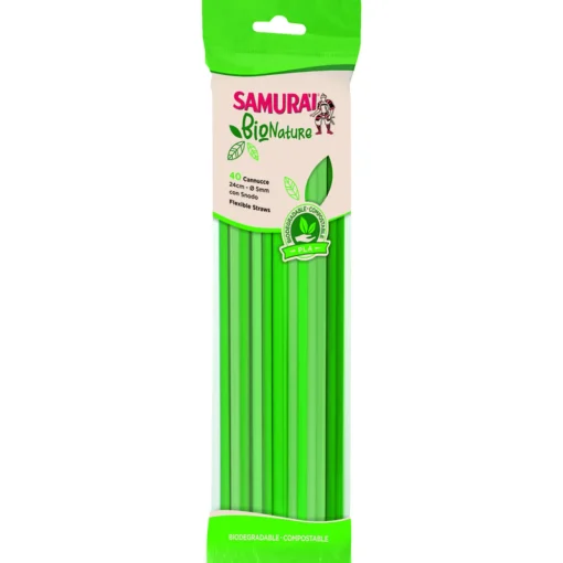 SAMURAI BIO NATURE 40 CANNUCCE VERDI CON SNODO BIODEGRADABILE COMPOSTABLE IN PLA  (24 cm x 5 mm)