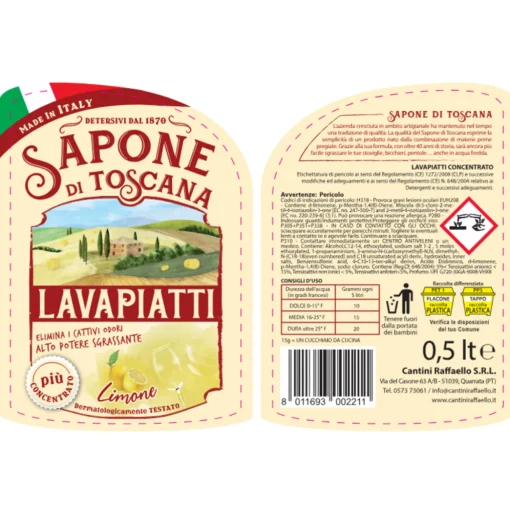 SAPONE DI TOSCANA LAVAPIATTI CONCENTRATO 20% DI ATTIVO LIMONE ELIMINA CATTIVI ODORI ALTO POTERE SGRASSANTE 500 ML