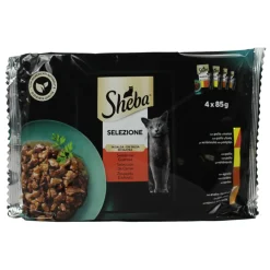 SHEBA SELEZIONE GUSTOSA IN SALSA DI CARNE 4 BUSTE DA 85 GRAMMI (POLLO&MANZO - POLLO - AGNELLO - ANATRA&TACCHINO)