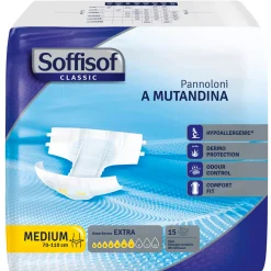 SOFFISOF PANNOLONI MUTANDINA ADULTI MISURA MEDIUM GIRO VITA CM 70-110  7 GOCCE 15 PZ DISPOSITIVO MEDICO CE DI CLASSE 1