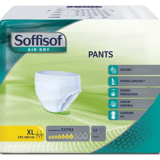 SOFFISOF PANNOLONI MUTANDINA ADULTI PANTS AIR DRY MISURA EXTRA LARGE 12 PZ Giro vita 135-160cm DISPOSITIVO MEDICO CE DI CLASSE 1