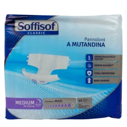 SOFFISOF PANNOLONI MUTANDINA ADULTI MISURA MEDIUM GIRO VITA 70-110 CM BUSTA 15 PEZZI  ASSORBENZA MAXI 9 GOCCE DISPOSITIVO MEDICO CE DI CLASSE 1