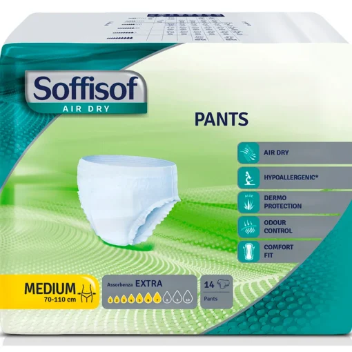 SOFFISOF PANNOLONI MUTANDINA ADULTI PANTS AIR DRY MISURA MEDIUM GIRO VITA 70-110 CM ASSORBENZA EXTRA 7 GOCCE 14 PZ DISPOSITIVO MEDICO CE DI CLASSE 1