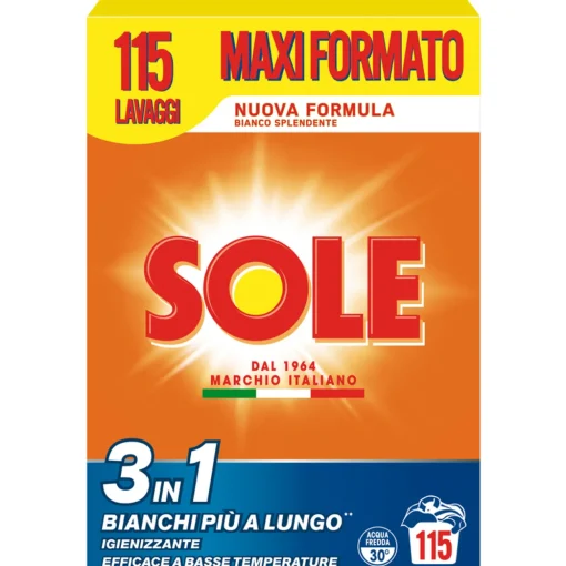 SOLE DETERSIVO POLVERE BUCATO LAVATRICE 3 IN 1 BIANCO SPLENDENTE FUSTO 115 LAVAGGI