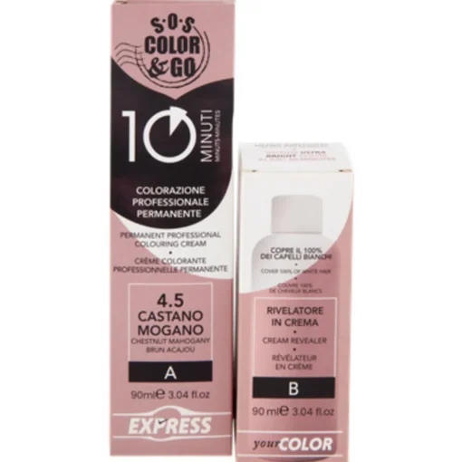 S.O.S.COLOR&GO COLORAZIONE PROFESSIONALE PERMANENTE 10 MINUTI DUO SET CREMA 90 ML + RILEVATORE IN CREMA 4.5 CASTANO MOGANO