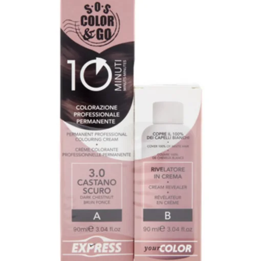 S.O.S.COLOR&GO COLORAZIONE PROFESSIONALE PERMANENTE 10 MINUTI DUO SET CREMA 90 ML + RIVELATORE IN CREMA 90 ML 3.0 CASTANO SCURO
