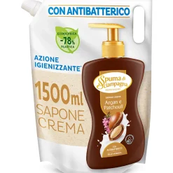 SPUMA DI SCIAMPAGNA SAPONE CREMA CON ANTIBATTERICO IGIENIZZANTE ARGAN e PATCHOULI RICARICA BUSTA 1500 ML