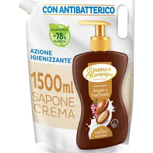 SPUMA DI SCIAMPAGNA SAPONE CREMA CON ANTIBATTERICO IGIENIZZANTE ARGAN e PATCHOULI RICARICA BUSTA 1500 ML