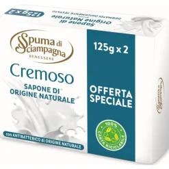 SPUMA DI SCIAMPAGNA SAPONETTA CREMOSO CON ANTIBATTERICO NATURALE 2 PEZZI DA 125 grammi