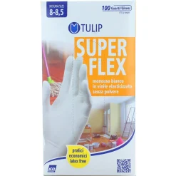 TULIP SUPERFLEX GUANTI IN VINILE BIANCO ELASTICIZZATO MONOUSO SENZA POLVERE 100 PEZZI MISURA 8-8,5