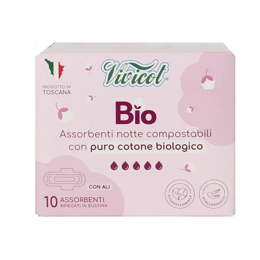 VIVICOT BIO ASSORBENTI COMPOSTABILI NOTTE CON ALI RIPIEGATO IN BUSTINE 10 PZ