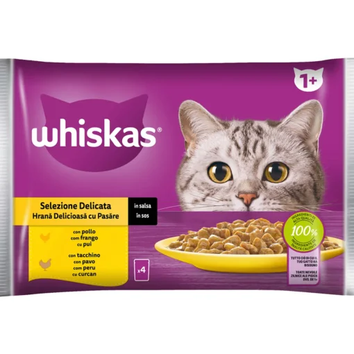 WHISKAS CORE 1+ SELEZIONE DELICATA BUSTA 4x85gr POLLO, TACCHINO IN SALSA