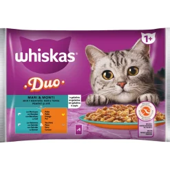 WHISKAS DUO 1+ MARI&MONTI BUSTA 4x85gr MERLUZZO/POLLO, SALMONE/TACCHINO IN GELATINA
