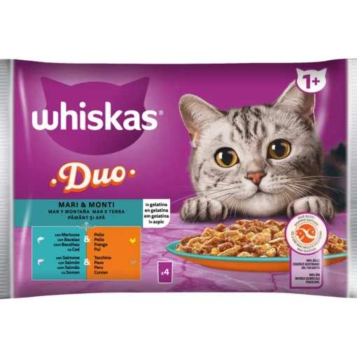 WHISKAS DUO 1+ MARI&MONTI BUSTA 4x85gr MERLUZZO/POLLO, SALMONE/TACCHINO IN GELATINA