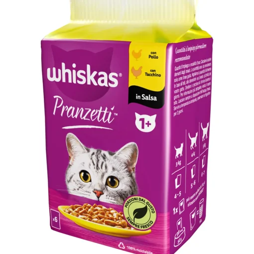 WHISKAS PRANZETTI 1+ CARNI BIANCHE BUSTA 6x50gr POLLO, TACCHINO IN SALSA