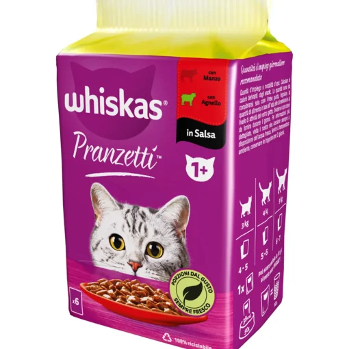 WHISKAS PRANZETTI 1+ CARNI MISTE BUSTA 6x50gr MANZO, AGNELLO IN SALSA