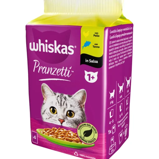 WHISKAS PRANZETTI 1+ MARI&MONTI BUSTA 6x50gr POLLO, TONNO IN SALSA