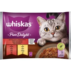 WHISKAS PURE DELIGHT SUCCULENTI STRACCETTI BUSTA 4x85gr MANZO, POLLO IN GELATINA