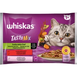 WHISKAS TASTY MIX 1+ SCELTA DELLO CHEF BUSTA 4x85gr MANZO/POLLAME/VERDURE, SALMONE/CAROTE IN SALSA